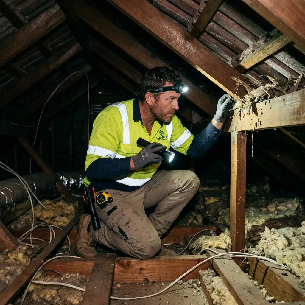 Technician inspecting a roof cavity for a dead animal in Seville