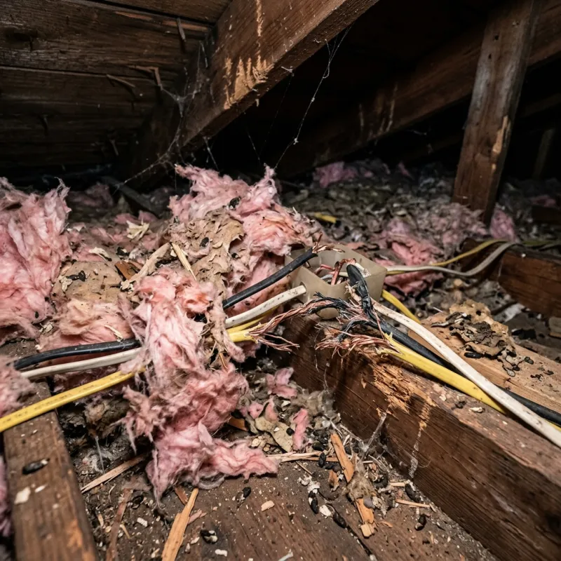 Contaminated ceiling insulation being assessed in a Seville roof space