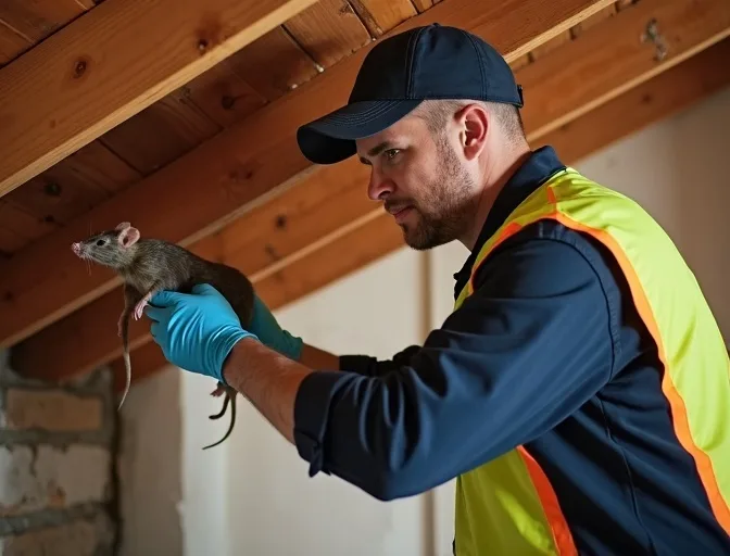 Technician inspecting a roof cavity for a dead rat in Seville